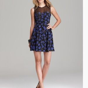 Patterson J. Kincaid Bellini Floral Mini Dress Mesh Inset Purple Blue Cocktail